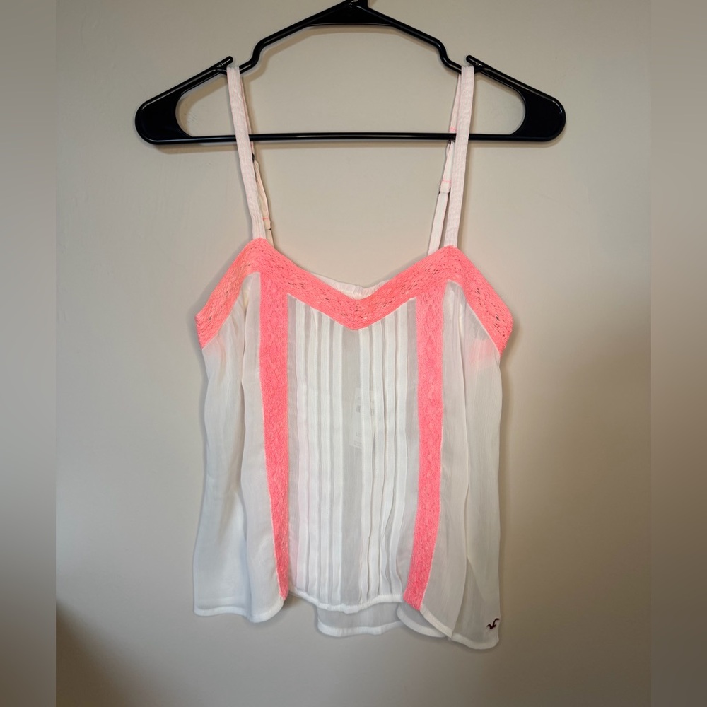 Hollister White Chiffon Camisole with Neon Coral Trim